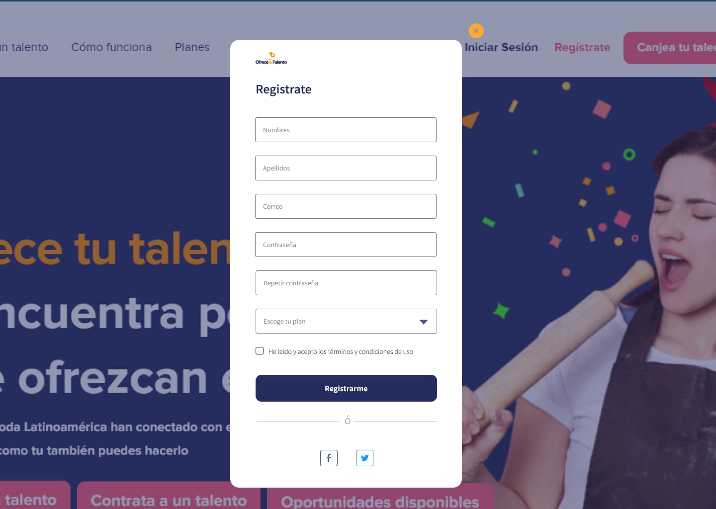 Formulario de registro original — interfaz analizada con cuenta real