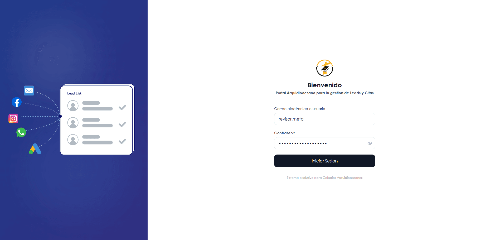 Pantalla de inicio de sesión — acceso exclusivo para el equipo de Colegios Arquidiocesanos